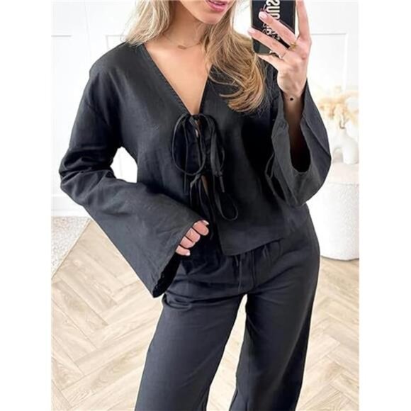 🌿 Women’s Lace-Up V-Neck Linen Shirt – Long Flare Sleeve Tie Front Crop Top - Picture 4 of 7